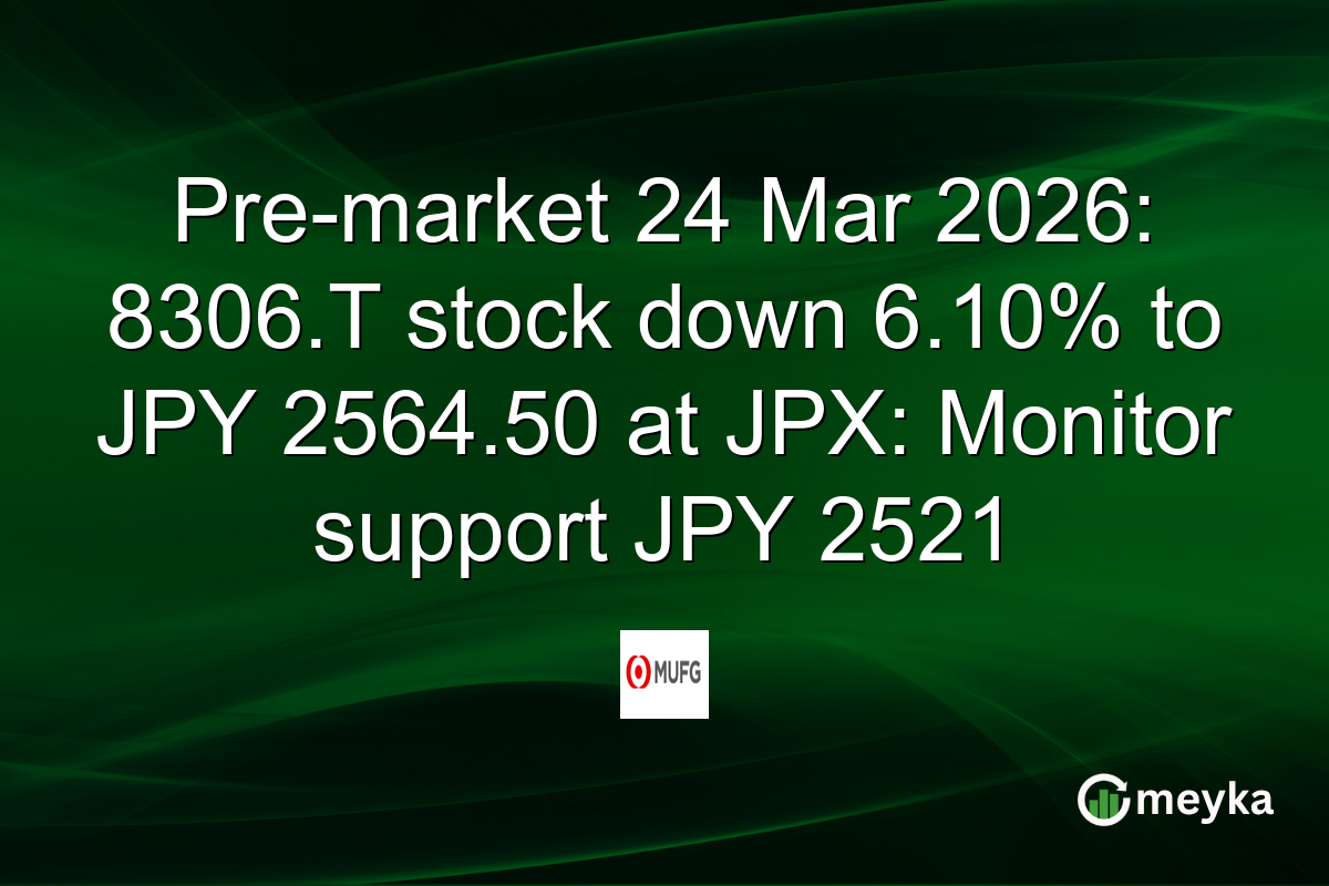Pre-market 24 Mar 2026: 8306.T stock down 6.10% to JPY 2564.50 at JPX: Monitor support JPY 2521
