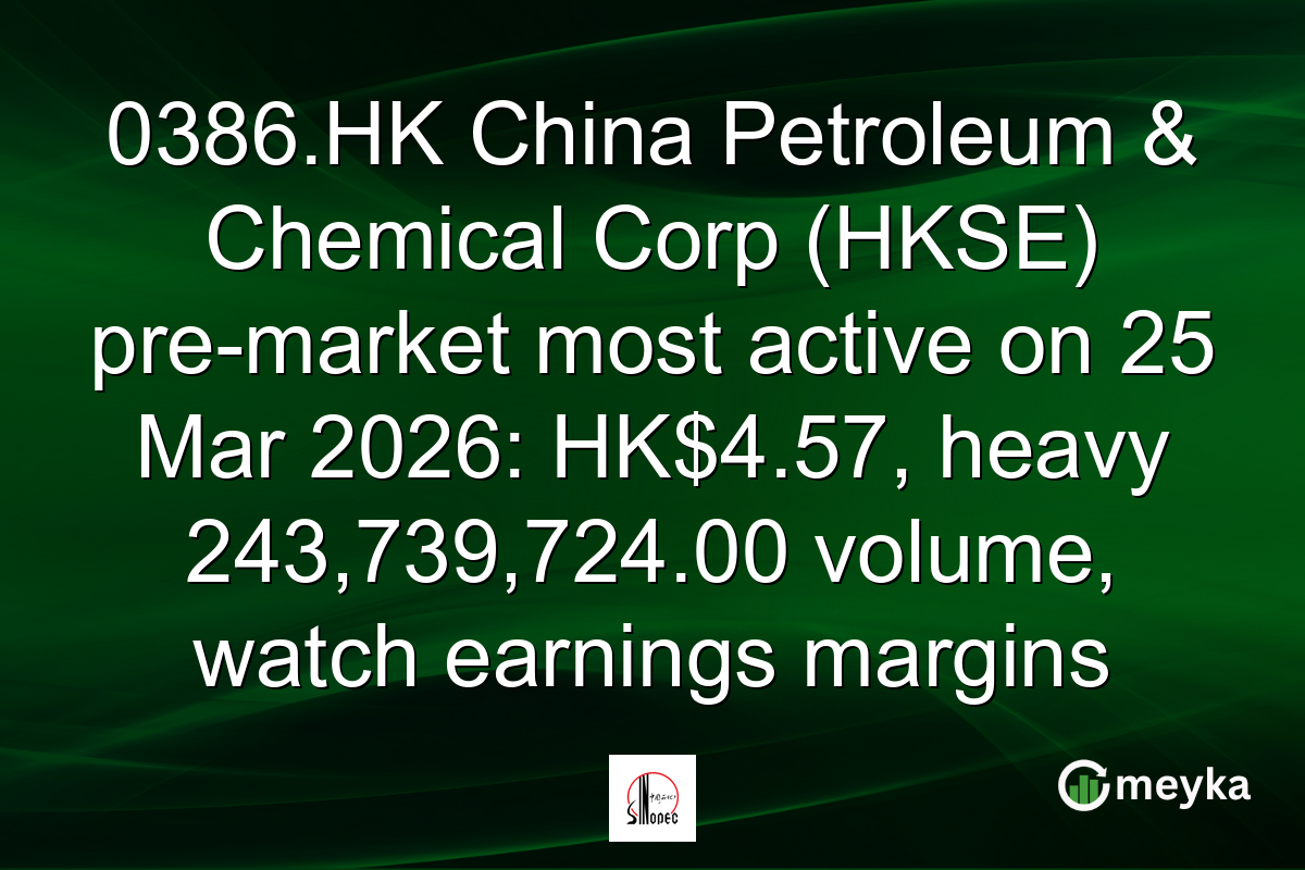 0386.HK China Petroleum & Chemical Corp (HKSE) pre-market most active on 25 Mar 2026: HK$4.57, heavy 243,739,724.00 volume, watch earnings margins