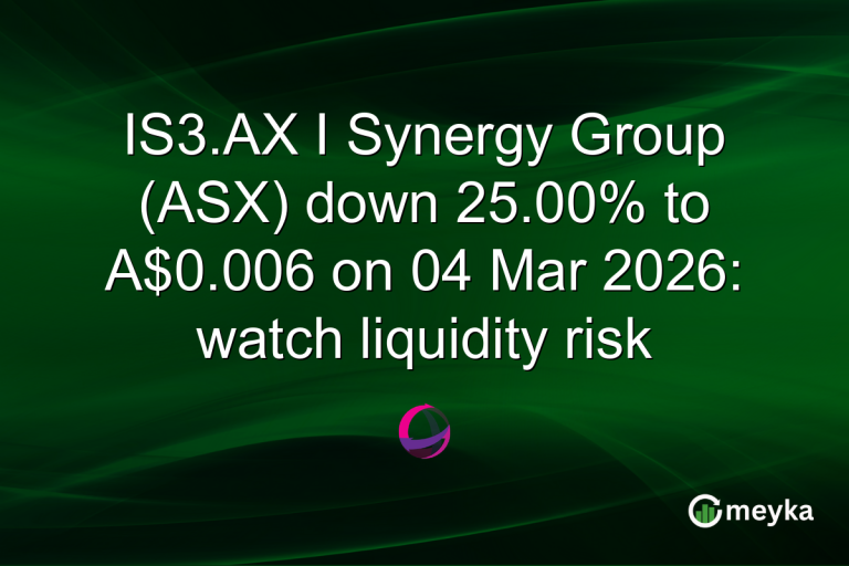 IS3.AX I Synergy Group (ASX) down 25.00% to A$0.006 on 04 Mar 2026: watch liquidity risk