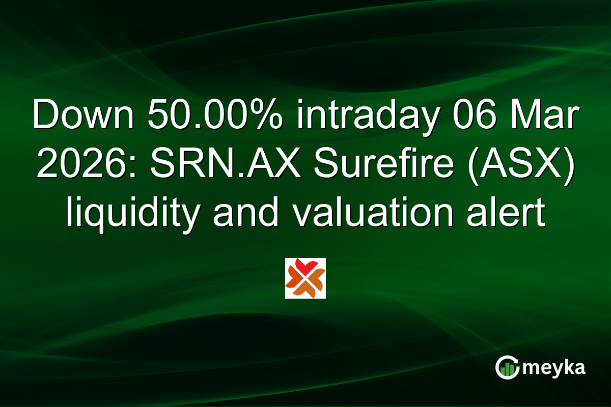 Down 50.00% intraday 06 Mar 2026: SRN.AX Surefire (ASX) liquidity and valuation alert
