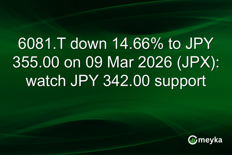 6081.T down 14.66% to JPY 355.00 on 09 Mar 2026 (JPX): watch JPY 342.00 support
