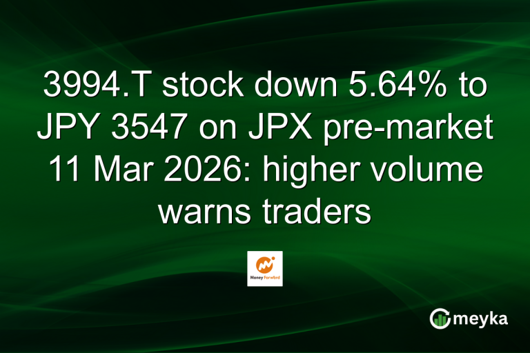 3994.T stock down 5.64% to JPY 3547 on JPX pre-market 11 Mar 2026: higher volume warns traders