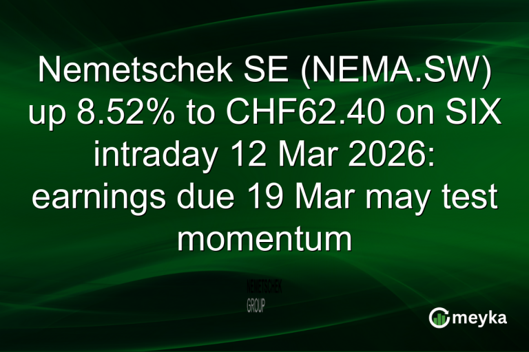 Nemetschek SE (NEMA.SW) up 8.52% to CHF62.40 on SIX intraday 12 Mar 2026: earnings due 19 Mar may test momentum