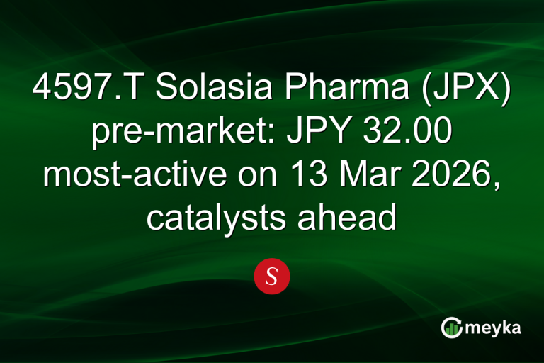 4597.T Solasia Pharma (JPX) pre-market: JPY 32.00 most-active on 13 Mar 2026, catalysts ahead
