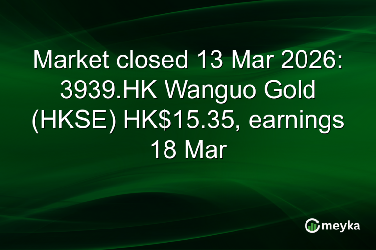 Market closed 13 Mar 2026: 3939.HK Wanguo Gold (HKSE) HK$15.35, earnings 18 Mar