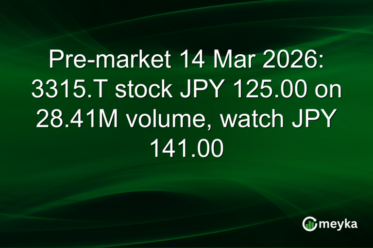Pre-market 14 Mar 2026: 3315.T stock JPY 125.00 on 28.41M volume, watch JPY 141.00