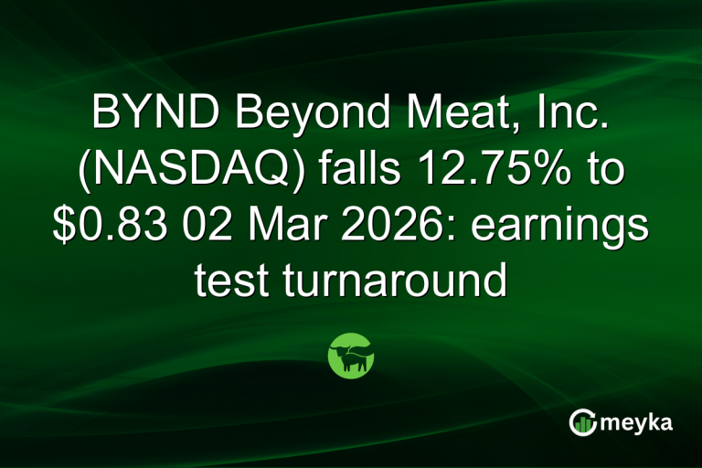 BYND Beyond Meat, Inc. (NASDAQ) falls 12.75% to $0.83 02 Mar 2026: earnings test turnaround