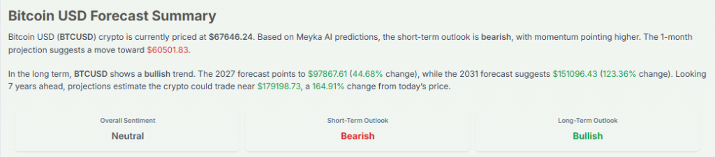 Meyka AI: Bitcoin USD Forecast Summary, March 27, 2026