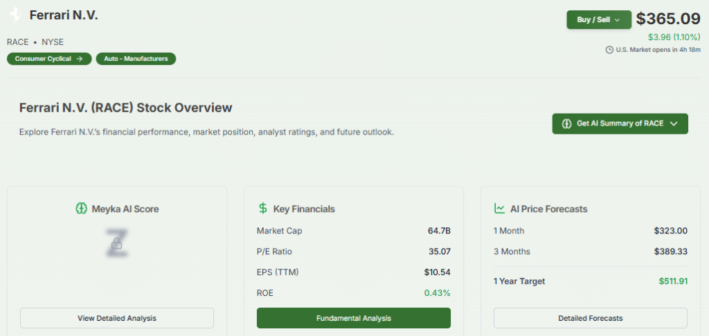 Meyka AI: Ferrari N.V. (RACE) Stock Overview, March 05, 2026