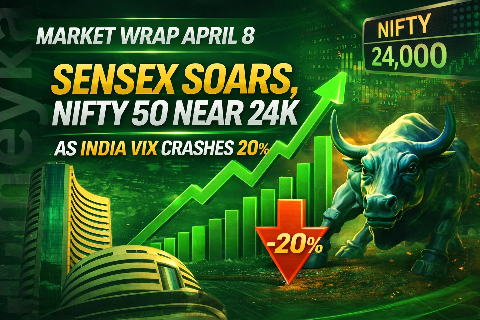 Market Wrap April 8: Sensex Soars, Nifty 50 Near 24K as India VIX Crashes 20%