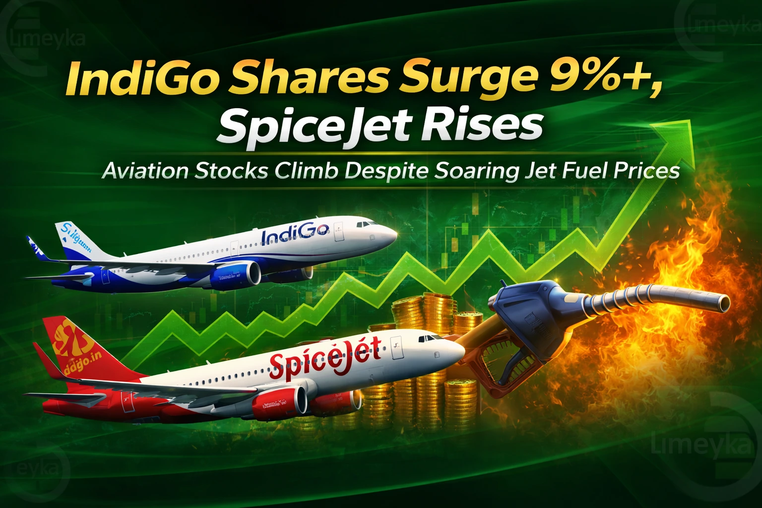 IndiGo Shares Surge 9%+, SpiceJet Rises: Aviation Stocks Climb Despite Soaring Jet Fuel Prices