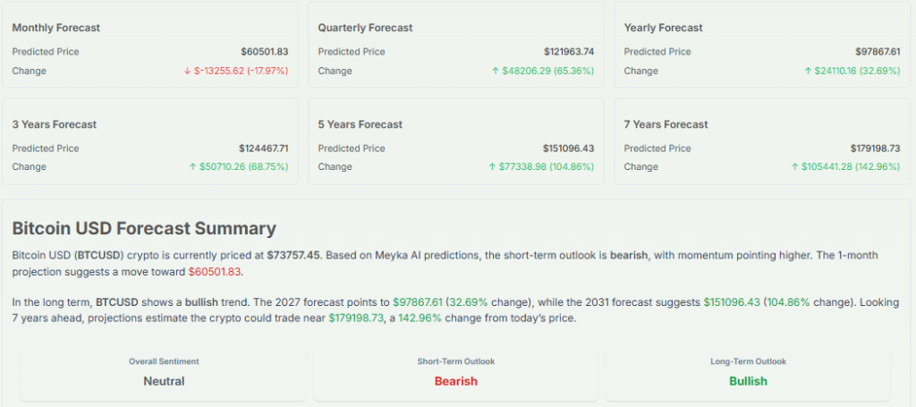 Meyka AI: Bitcoin USD Forecast Summary, April 15, 2026