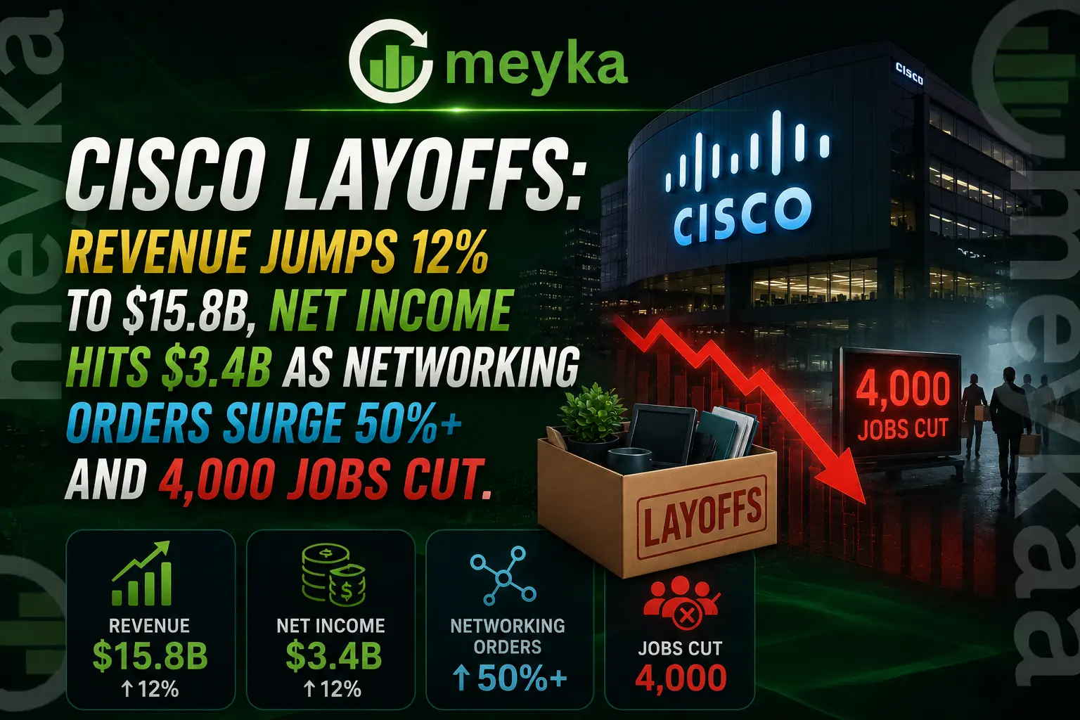 Cisco Layoffs: Revenue Jumps 12% to $15.8B, Net Income Hits $3.4B as Networking Orders Surge 50%+ and 4,000 Jobs Cut