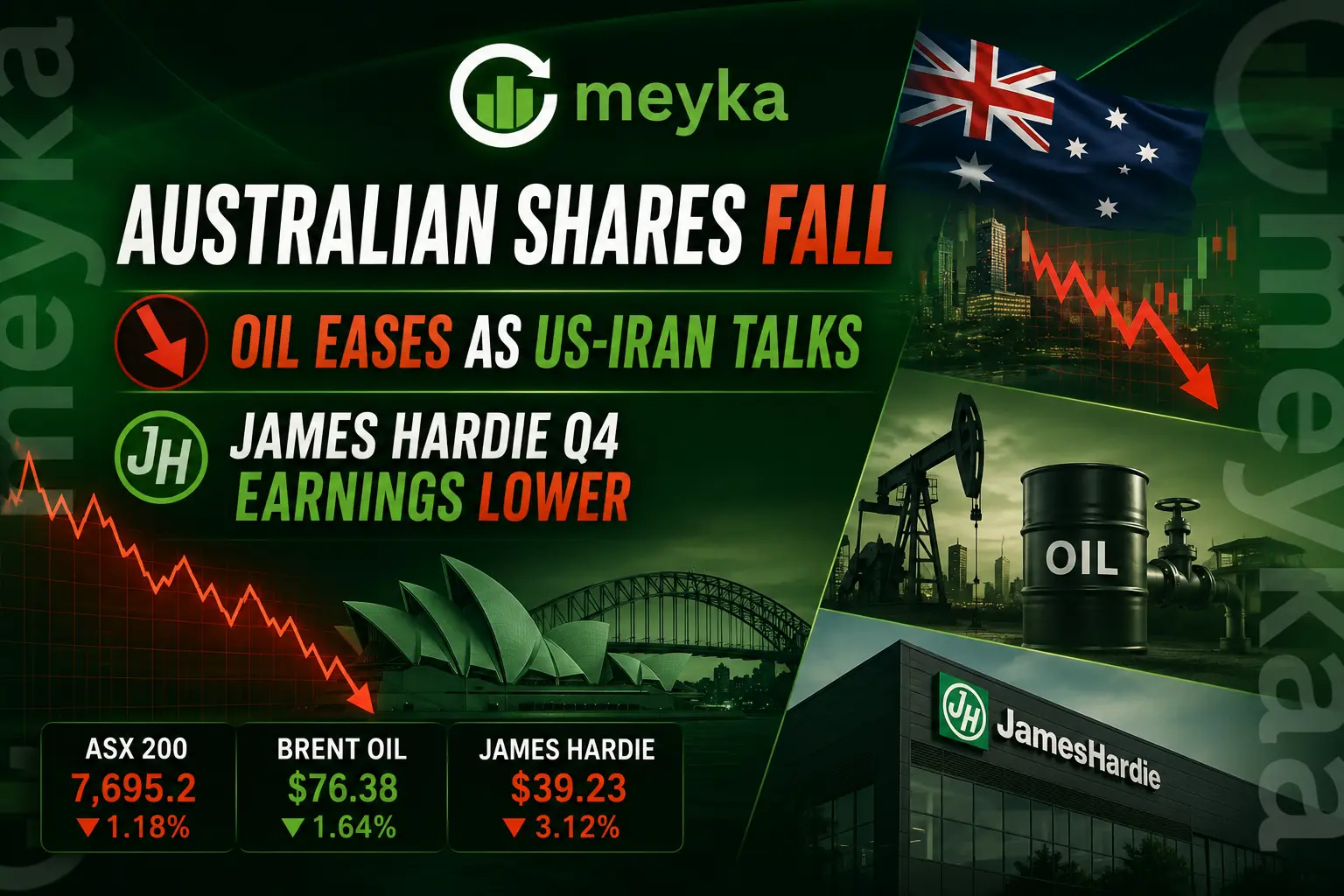 Australian Shares Fall, Oil Eases, US-Iran Talks, James Hardie Q4 Earnings Lower