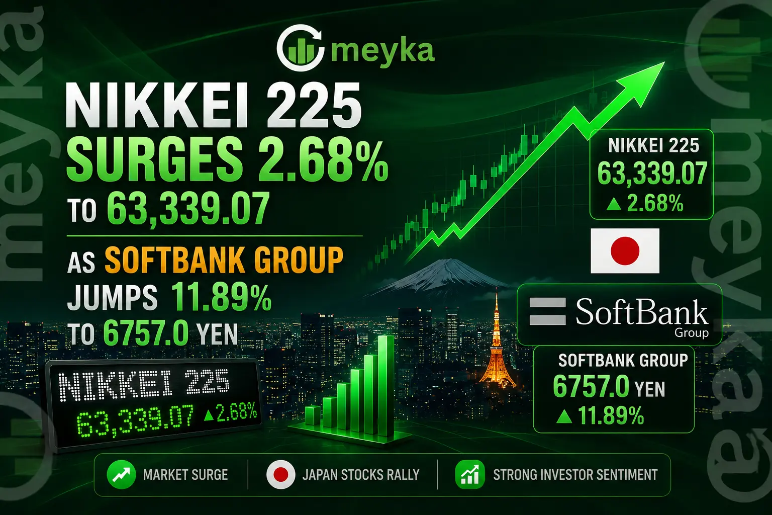 Nikkei 225 Surges 2.68% to 63,339.07 as SoftBank Group Jumps 11.89% to 6757.0 Yen