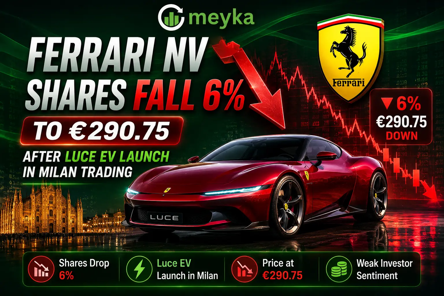 Ferrari NV Shares Fall 6% to €290.75 After Luce EV Launch in Milan Trading