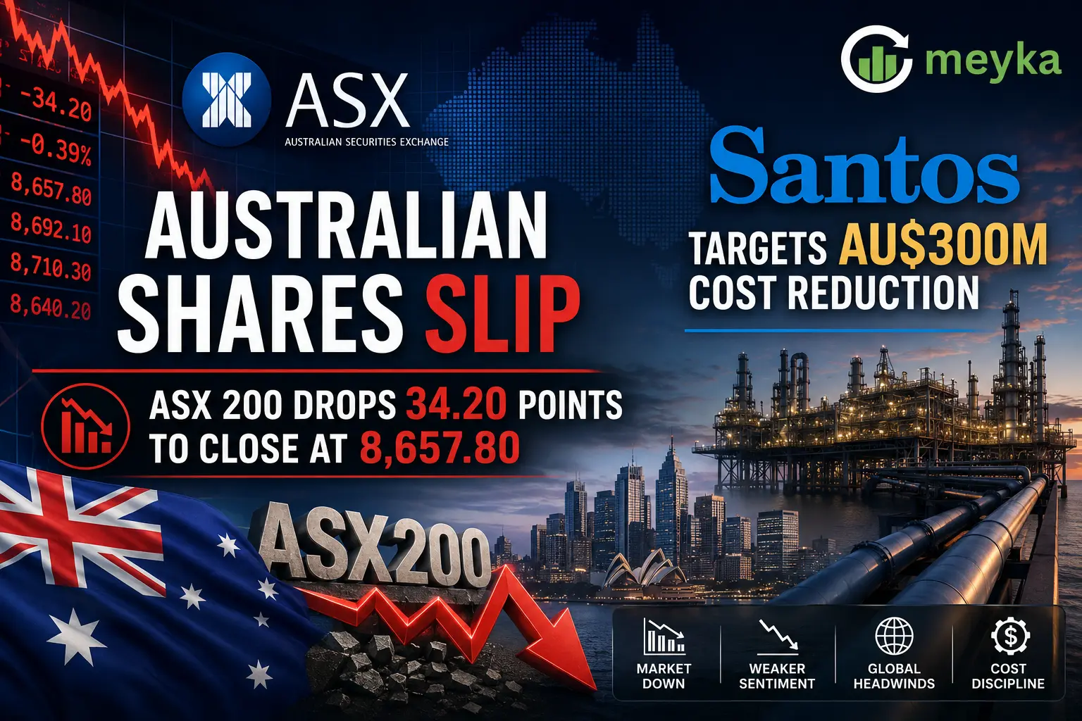 Australian Shares Slip: ASX 200 Drops 34.20 Points to Close at 8,657.80; Santos Targets AU$300M Cost Reduction