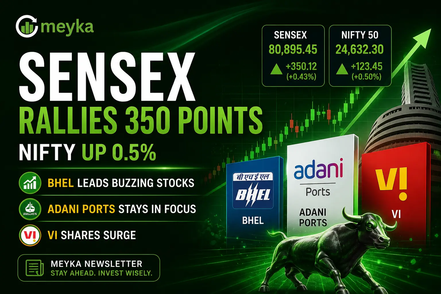 Sensex Rallies 350 Points, Nifty Up 0.5%; BHEL, Adani Ports, Vi Lead Buzzing Stocks