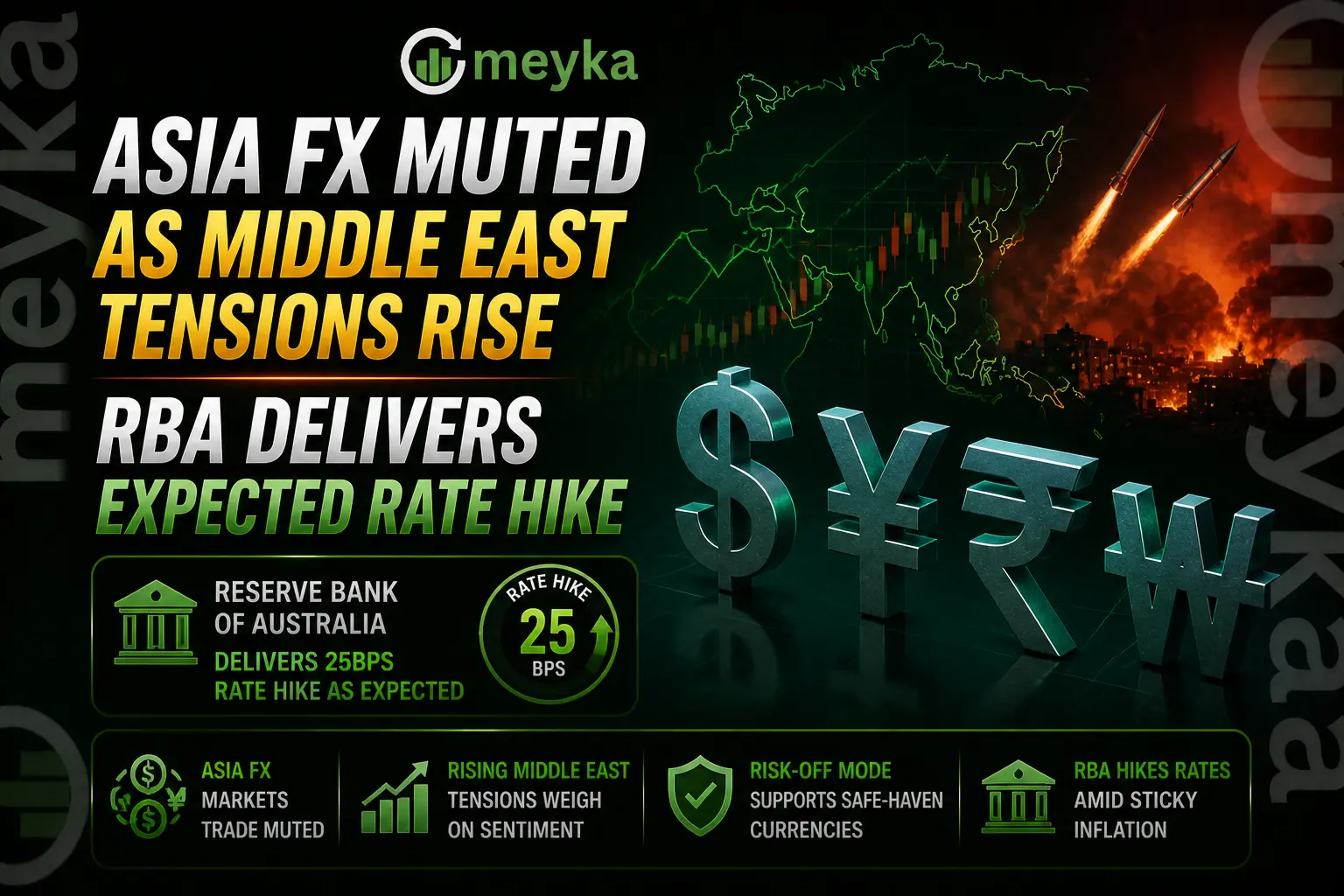 Asia FX Muted as Middle East Tensions Rise; RBA Delivers Expected Rate Hike