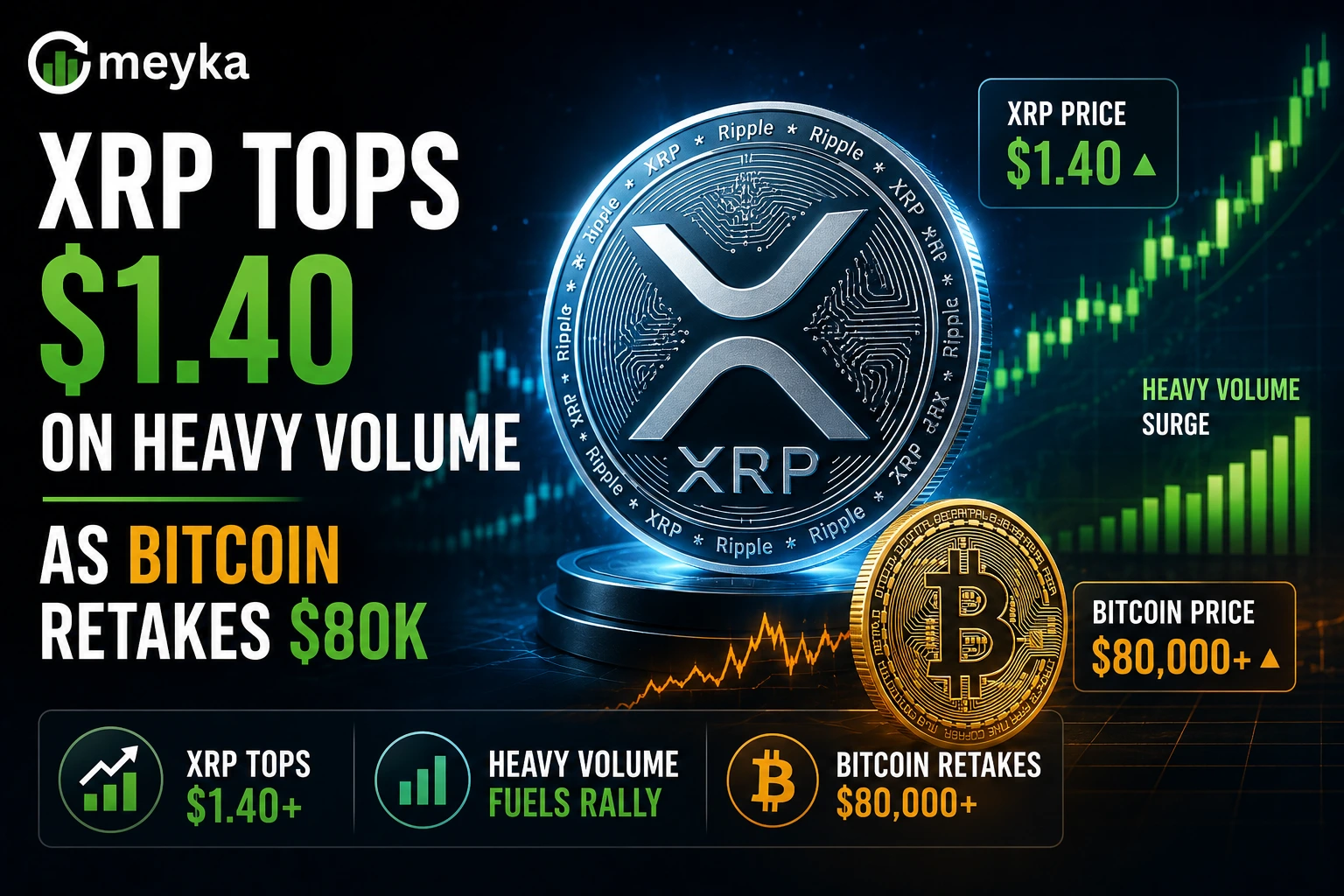 XRP tops $1.40 on heavy volume as Bitcoin retakes $80K
