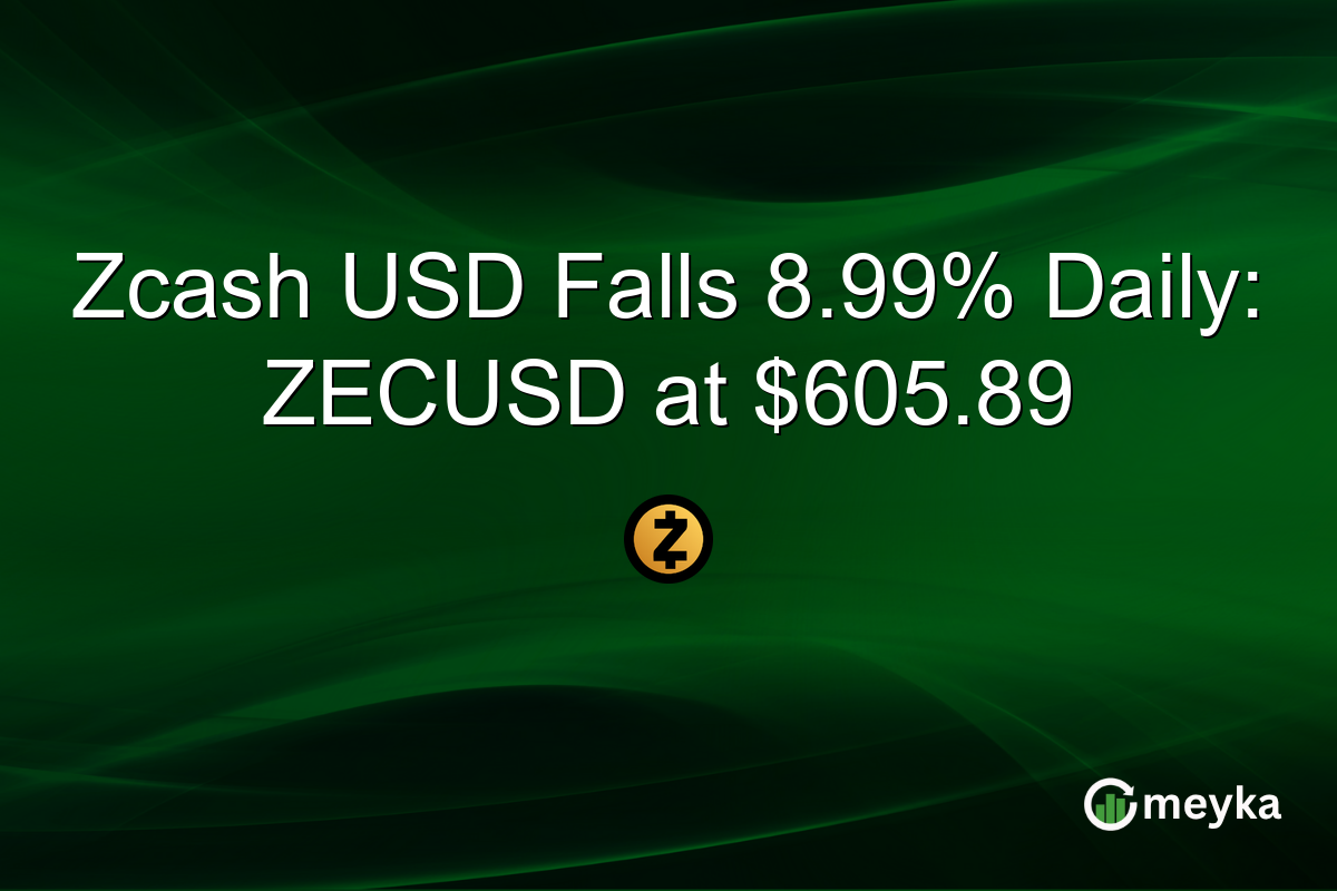 Zcash USD Falls 8.99% Daily: ZECUSD at $605.89