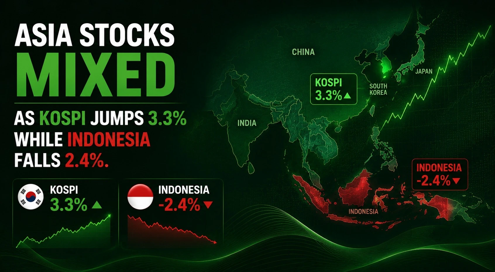 Asia Stocks Mixed as KOSPI Jumps 3.3% While Indonesia Falls 2.4%