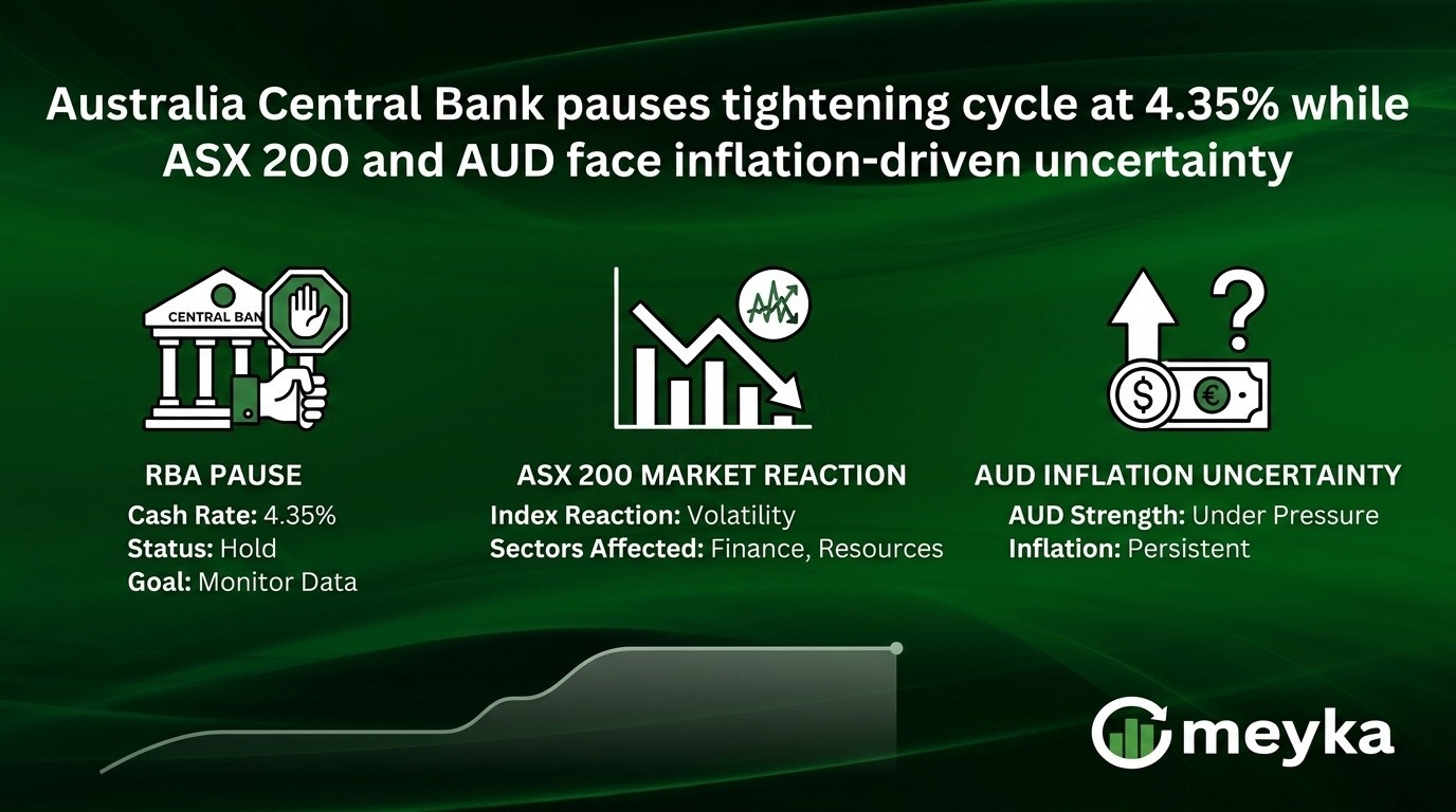 Australia Central Bank pauses tightening cycle at 4.35% while ASX 200 and AUD face inflation-driven uncertainty 