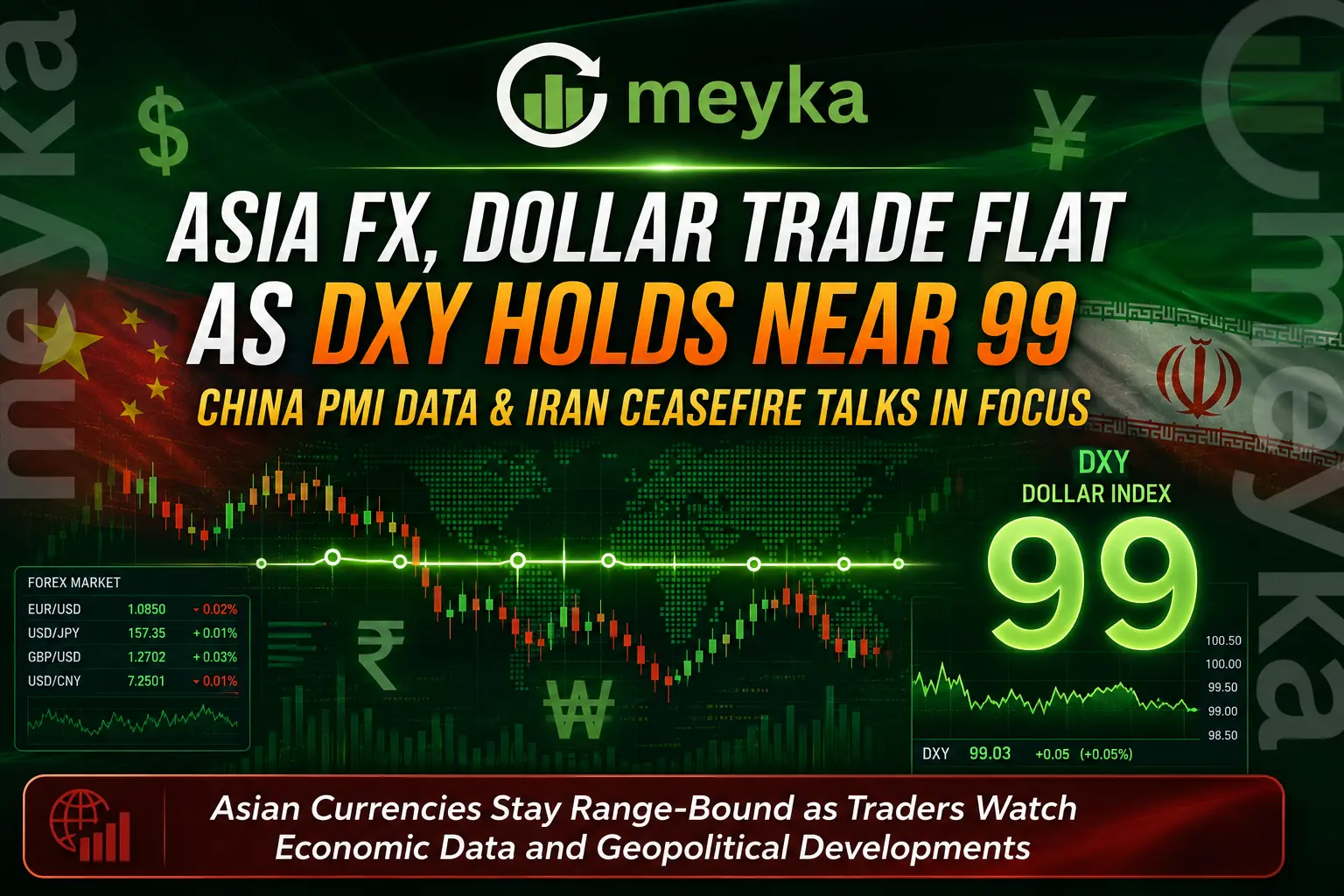 Asia FX, Dollar Trade Flat as DXY Holds Near 99; China PMI and Iran Ceasefire in Focus