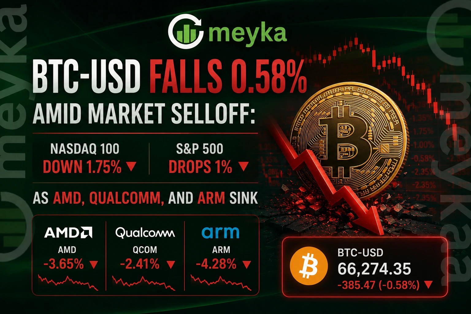 BTC-USD Falls 0.58% Amid Market Selloff: Nasdaq 100 Down 1.75%, S&P 500 Drops 1% as AMD, Qualcomm, and Arm Sink