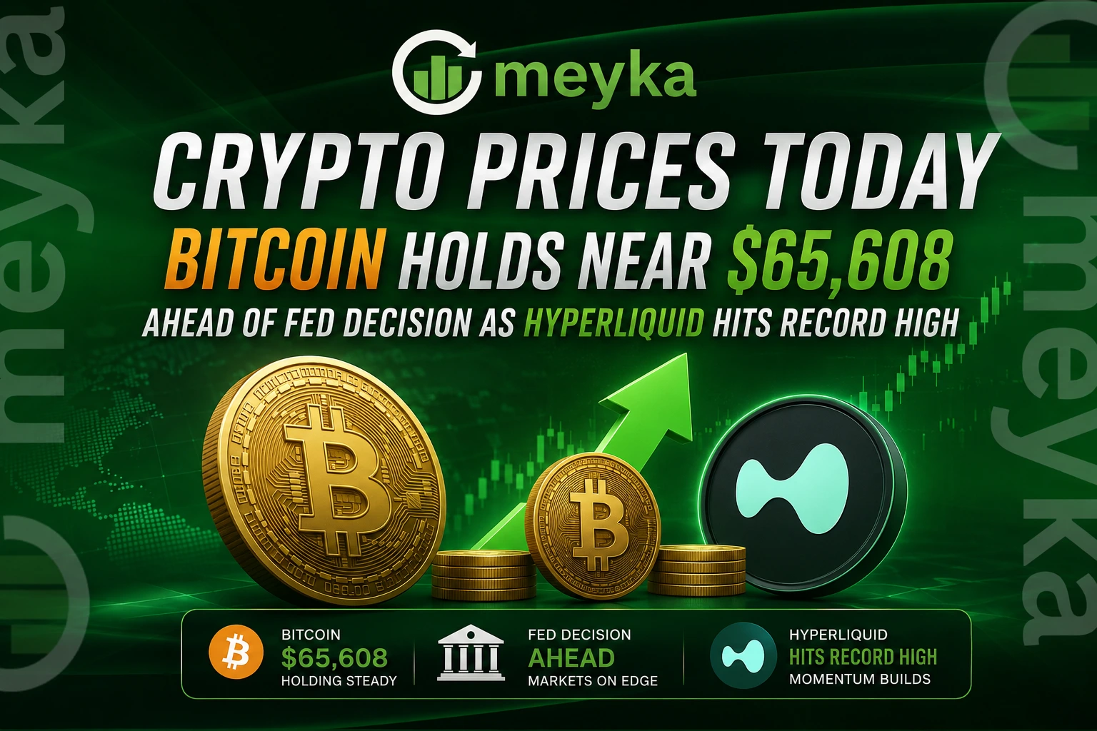 Crypto Prices Today: Bitcoin Holds Near $65,608 Ahead of Fed Decision as Hyperliquid Hits Record High