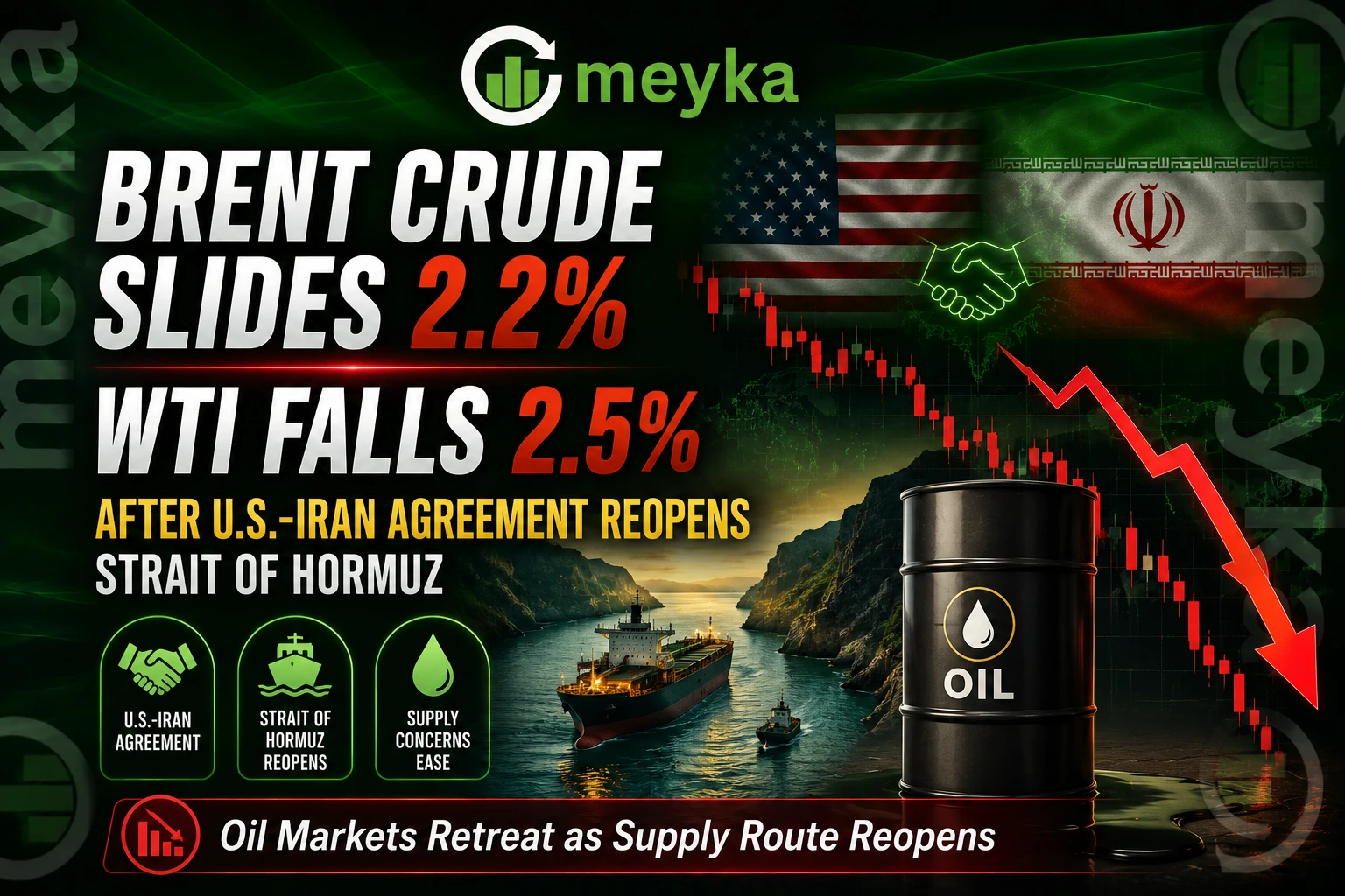 Brent Crude Slides 2.2% and WTI Falls 2.5% After U.S.-Iran Agreement Reopens Strait of Hormuz