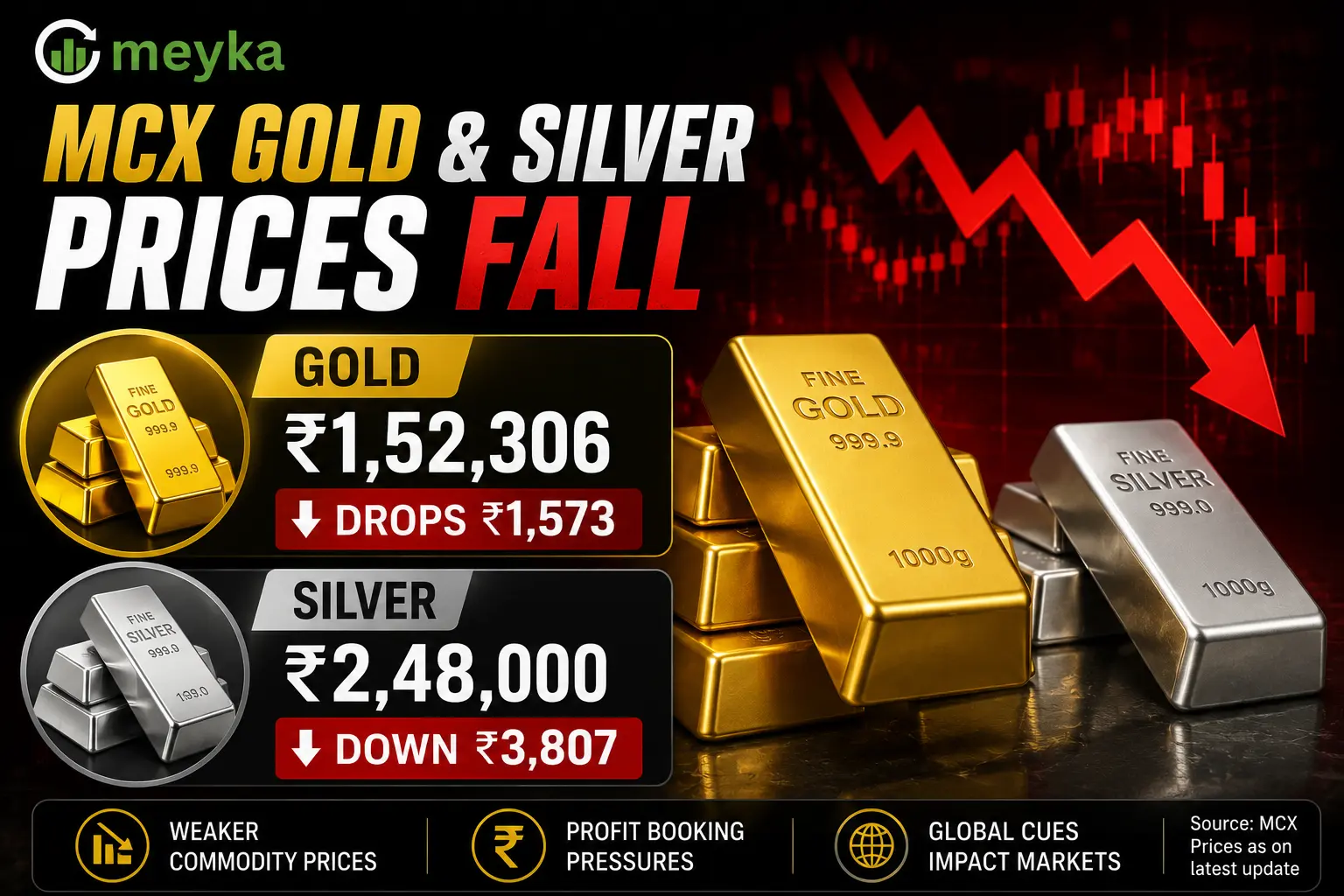 MCX Gold & Silver Prices Fall: Gold Drops ₹1,573 to ₹1,52,306, Silver Down ₹3,807 to ₹2,48,000