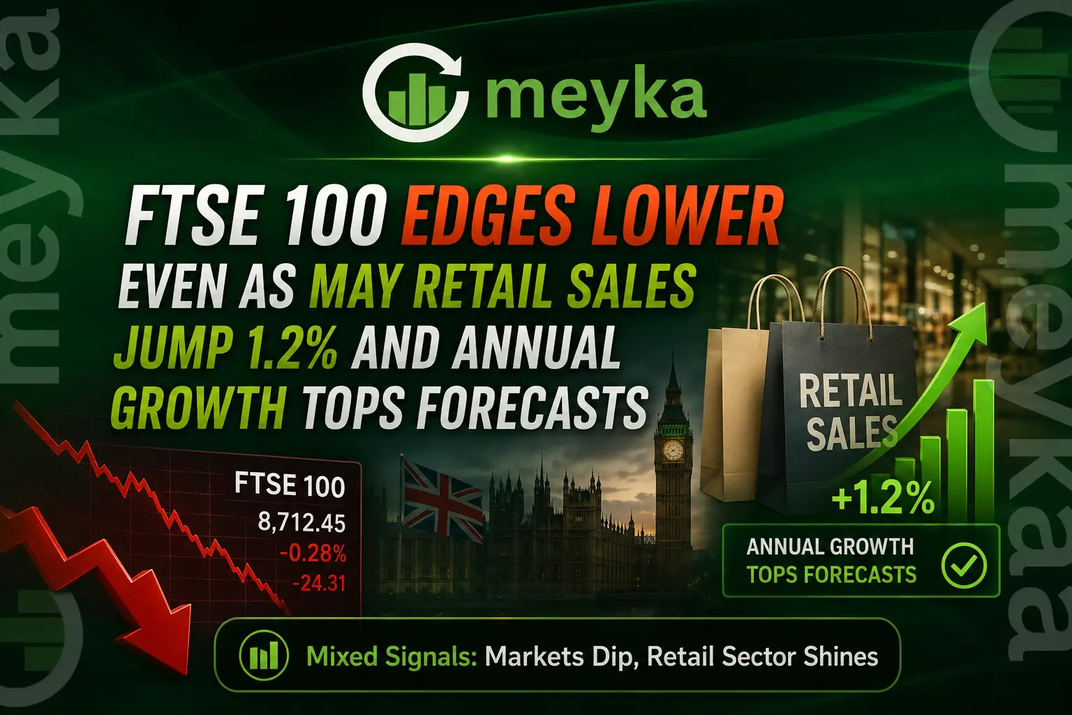 FTSE 100 Edges Lower Even as May Retail Sales Jump 1.2% and Annual Growth Tops Forecasts