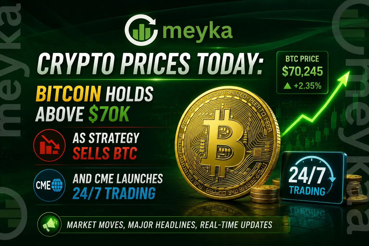 Crypto Prices Today: Bitcoin Holds Above $70K as Strategy Sells BTC and CME Launches 24/7 Trading