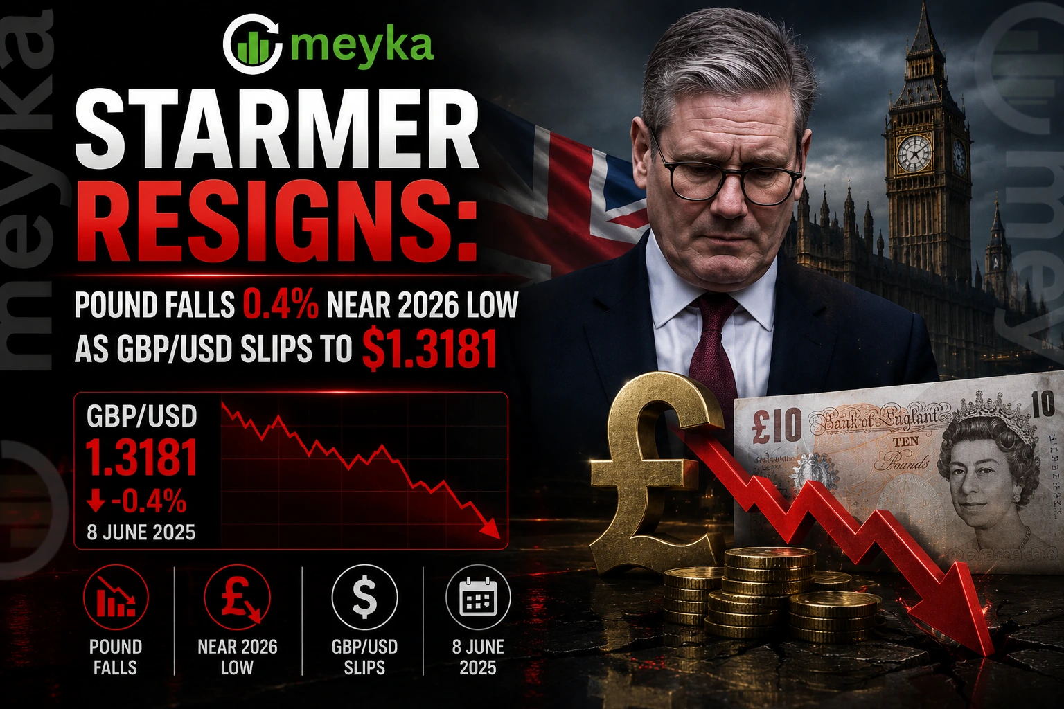 Starmer Resigns: Pound Falls 0.4% Near 2026 Low as GBP/USD Slips to $1.3181