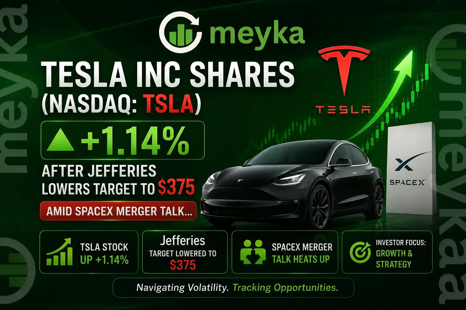 Tesla Inc Shares (NASDAQ: TSLA) up +1.14% After Jefferies Lowers Target to $375 Amid SpaceX Merger Talk