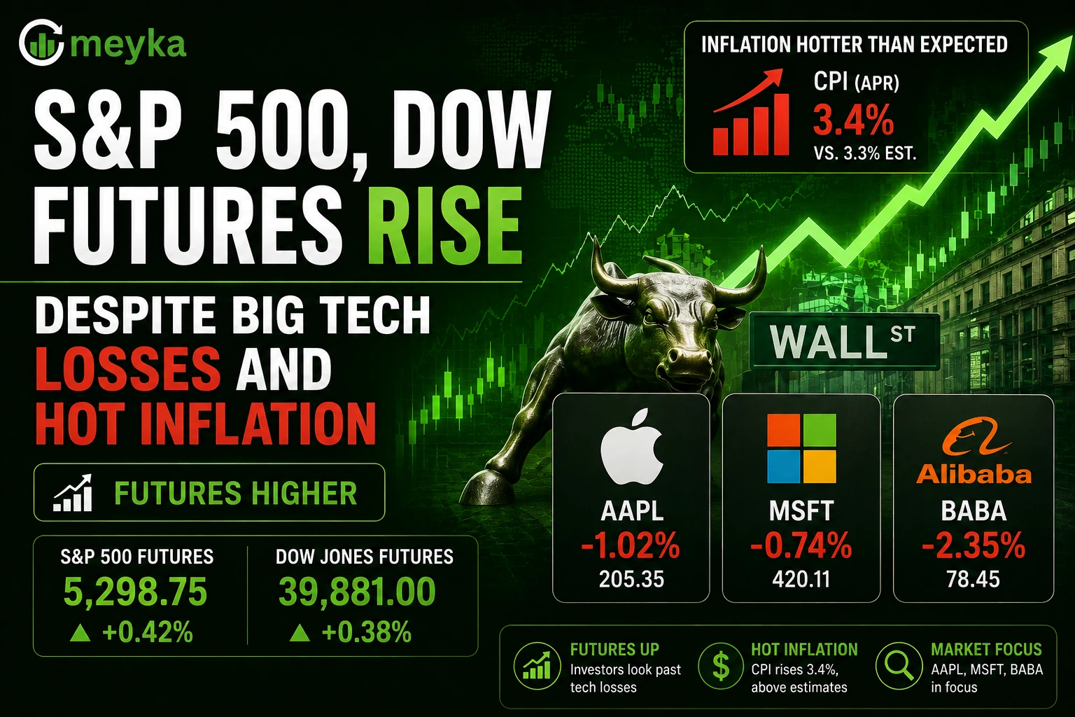 S&P 500, Dow Futures Rise Despite Big Tech Losses and Hot Inflation; AAPL, MSFT, BABA in Focus 