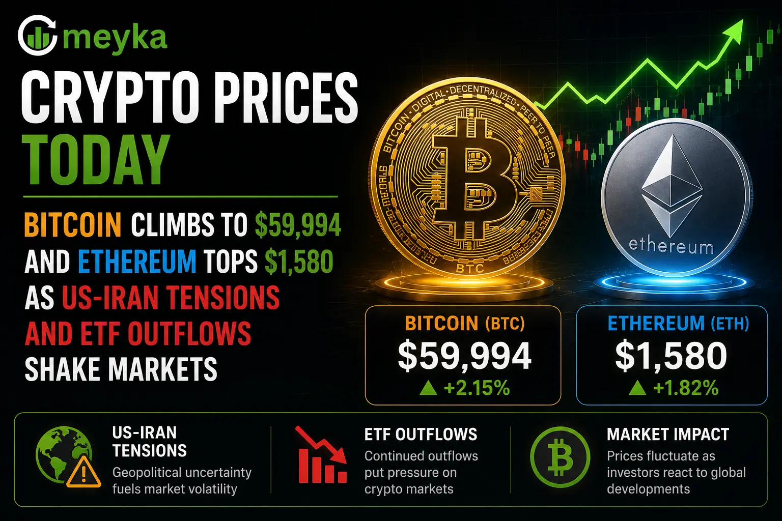 Crypto Prices Today: Bitcoin Climbs to $59,994 and Ethereum Tops $1,580 as US-Iran Tensions and ETF Outflows Shake Markets