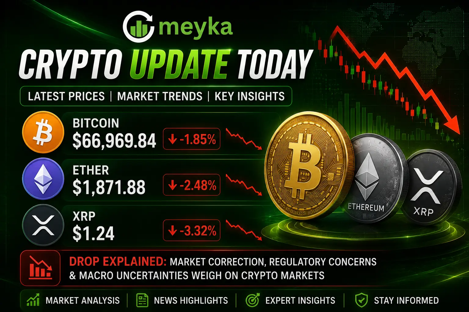 Crypto Update Today: Bitcoin $66,969.84, Ether $1,871.88, XRP $1.24 Drop Explained 