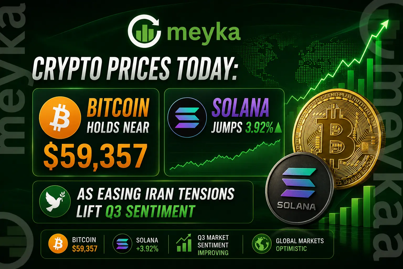 Crypto Prices Today: Bitcoin Holds Near $59,357 While Solana Jumps 3.92% as Easing Iran Tensions Lift Q3 Sentiment