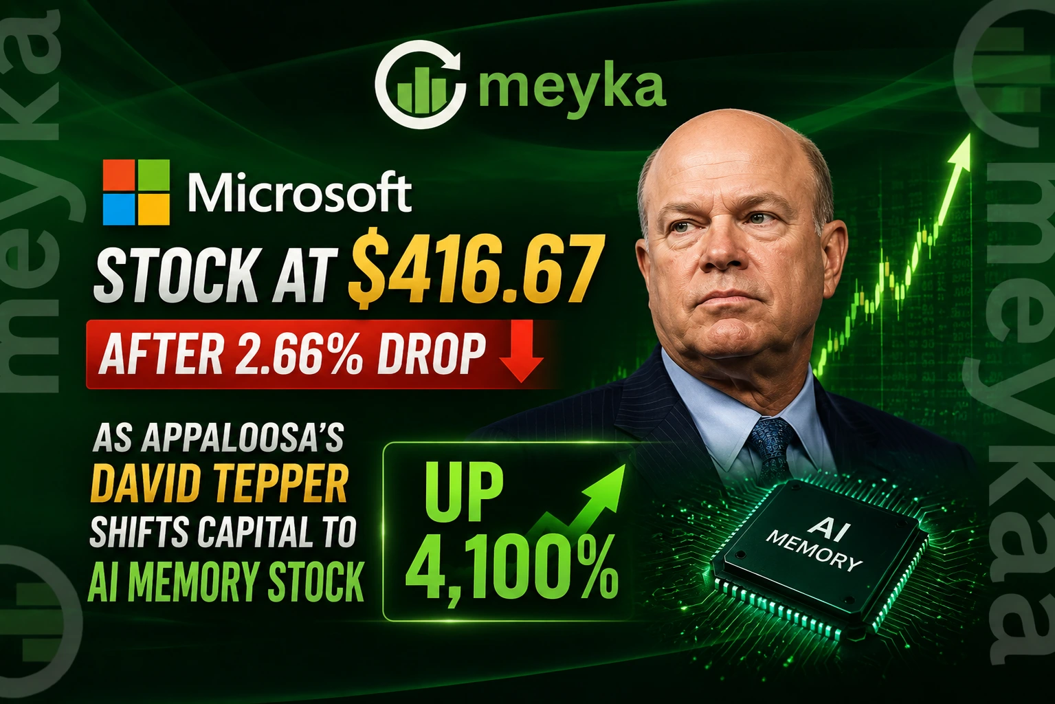 Microsoft Stock at $416.67 After 2.66% Drop as Appaloosa’s David Tepper Shifts Capital to AI Memory Stock Up 4,100%