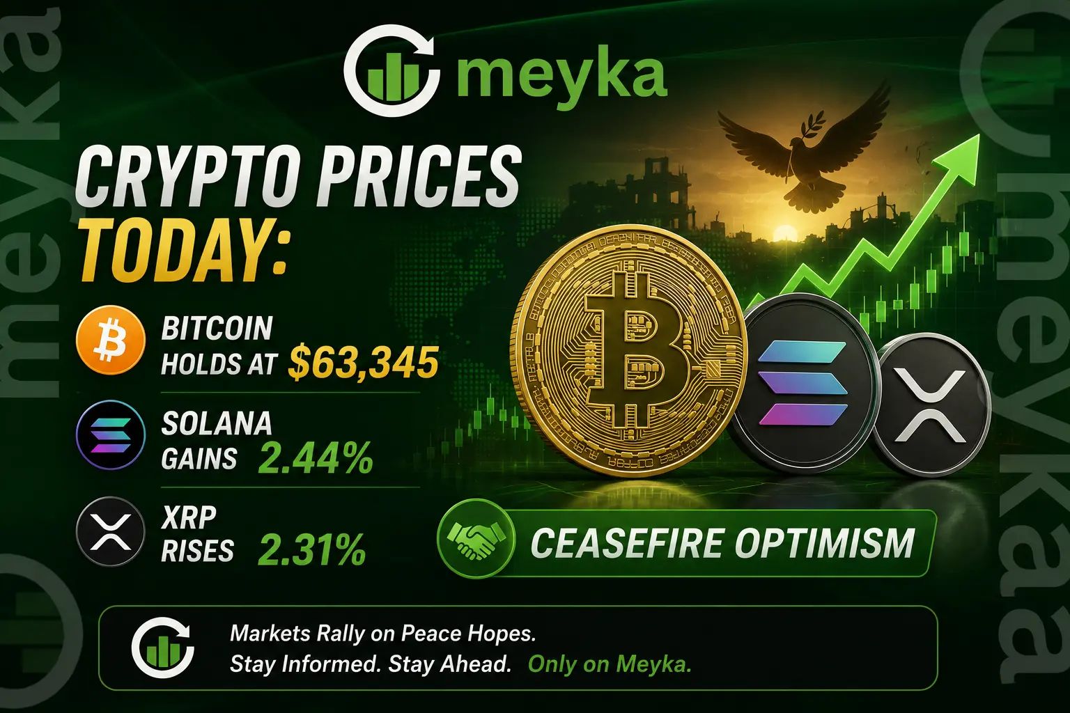 Crypto Prices Today: Bitcoin Holds at $63,345, Solana Gains 2.44%, XRP Rises 2.31% on Ceasefire Optimism