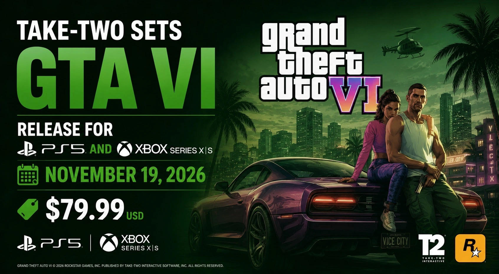 Take-Two Sets GTA VI Release for PS5 and Xbox Series X|S on November 19, 2026 at $79.99