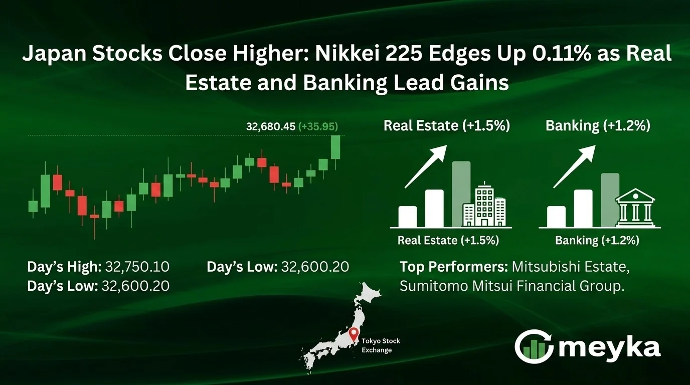Japan Stocks Close Higher: Nikkei 225 Edges Up 0.11% as Real Estate and Banking Lead Gains