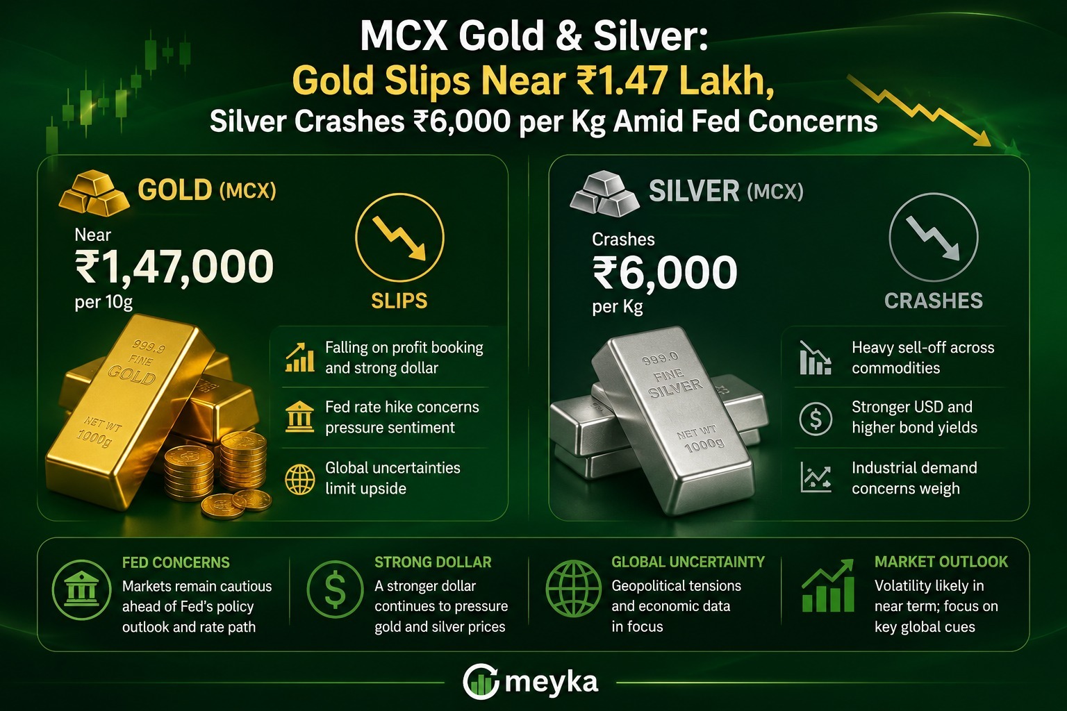MCX Gold & Silver: Gold Slips Near ₹1.47 Lakh, Silver Crashes ₹6,000 per Kg Amid Fed Concerns 