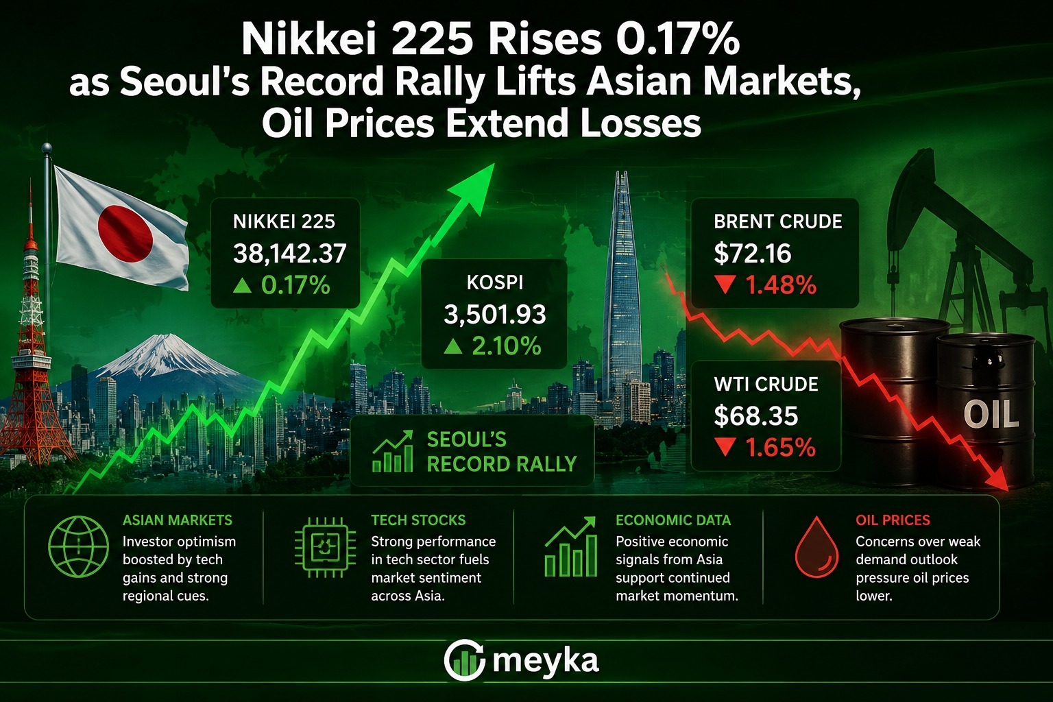 Nikkei 225 Rises 0.17% as Seoul’s Record Rally Lifts Asian Markets, Oil Prices Extend Losses