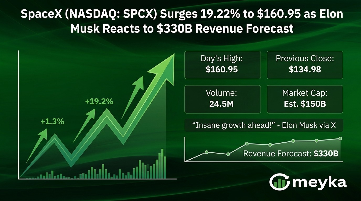 SpaceX (NASDAQ: SPCX) Surges 19.22% to $160.95 as Elon Musk Reacts to $330B Revenue Forecast