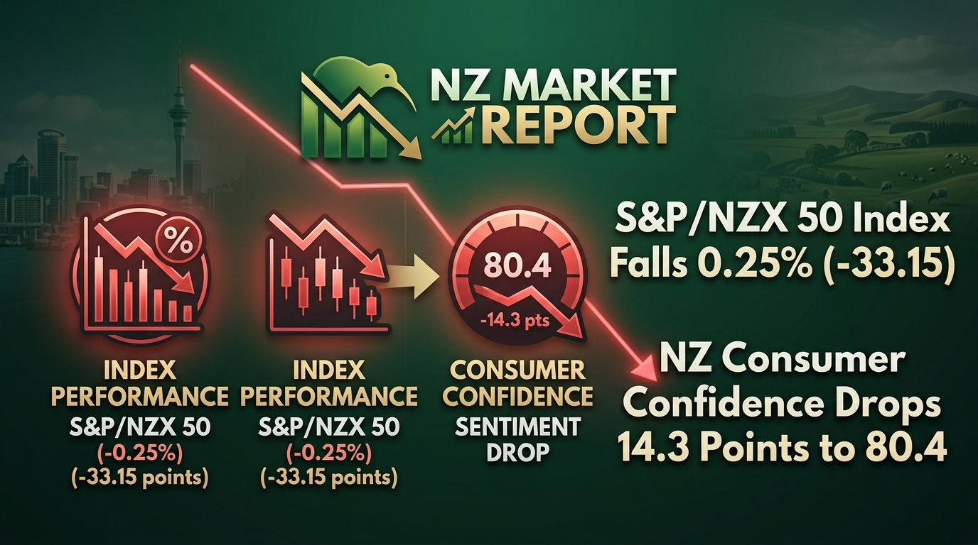 S&P/NZX 50 Index Falls 0.25% (-33.15) as NZ Consumer Confidence Drops 14.3 Points to 80.4