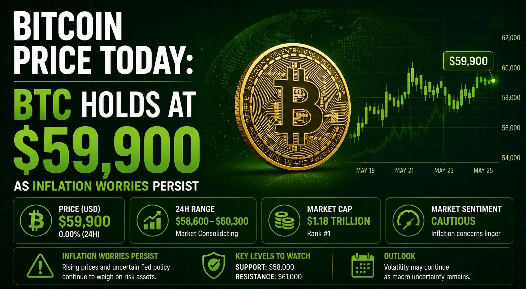 Bitcoin Price Today: BTC Holds at $59,900 as Inflation Worries Persist