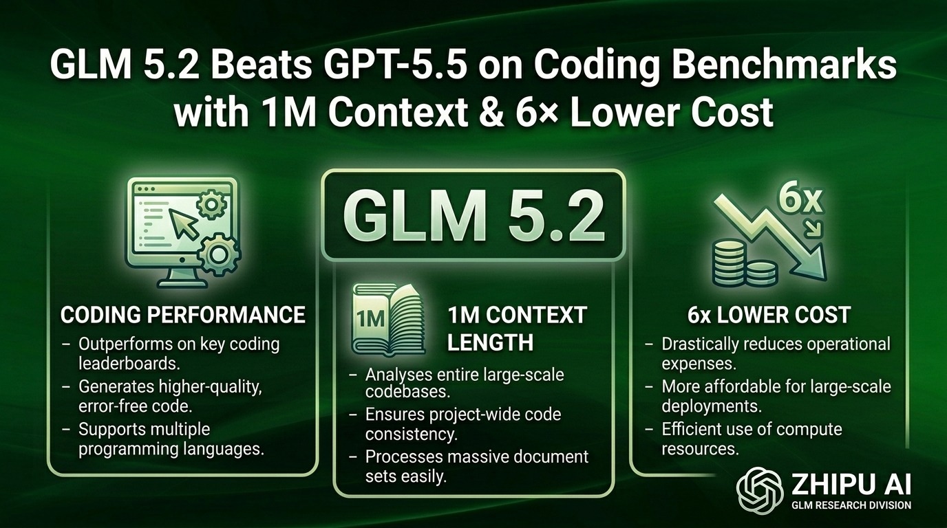 GLM 5.2 Beats GPT-5.5 on Coding Benchmarks with 1M Context & 6× Lower Cost 